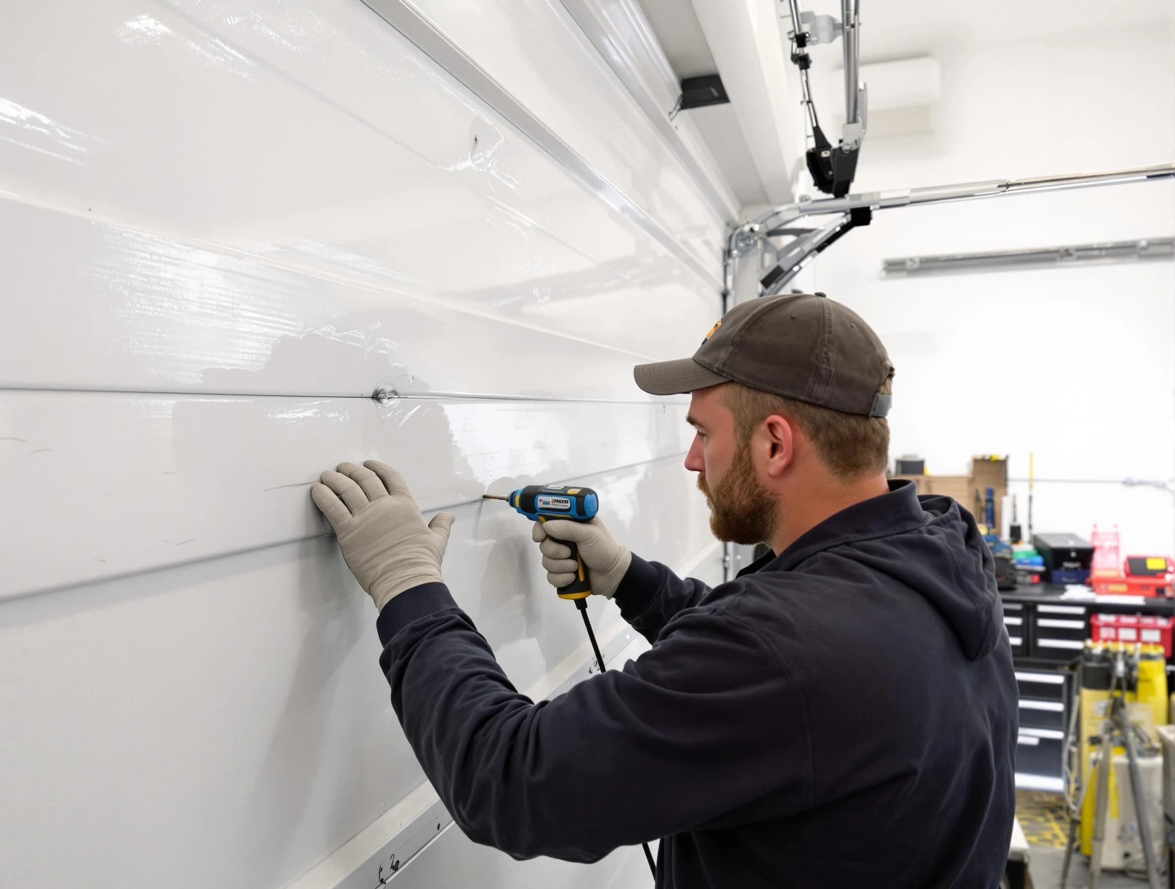 Rio Communities Garage Door Repair technician demonstrating precision dent removal techniques on a Rio Communities garage door